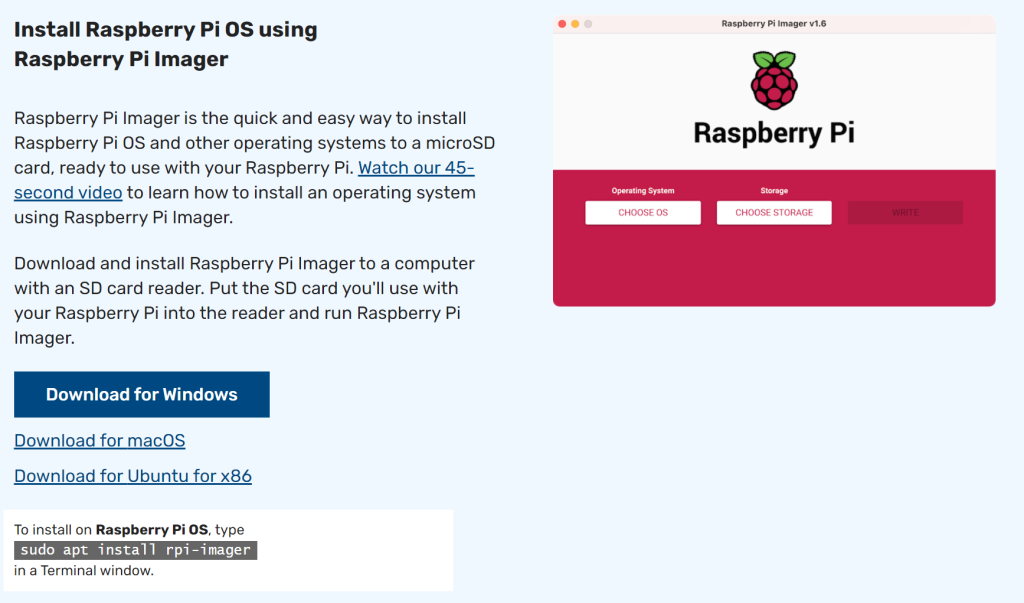 Bild der Download Seite des Raspberry Pi Imagers.