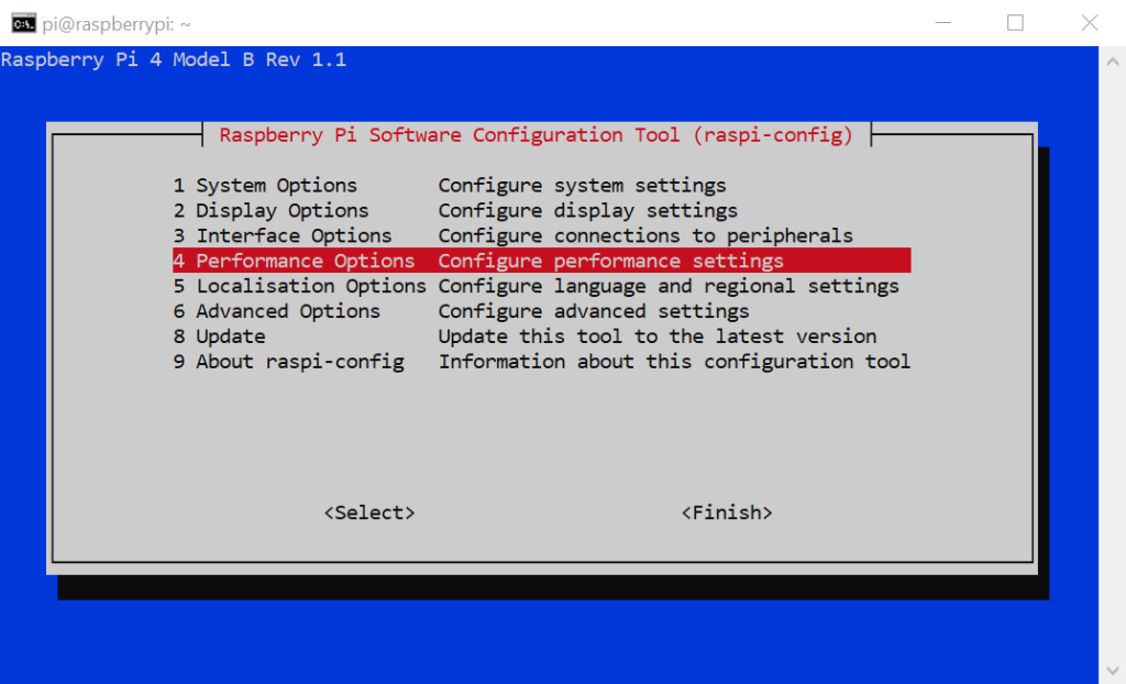 Auswahl im Raspberry Pi Software Konfiguration Tool der Performance Optionen.