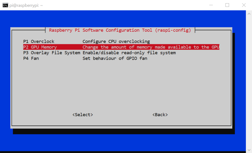 Auswahl im Raspberry Pi Software Konfiguration Tool des GPU Memory.