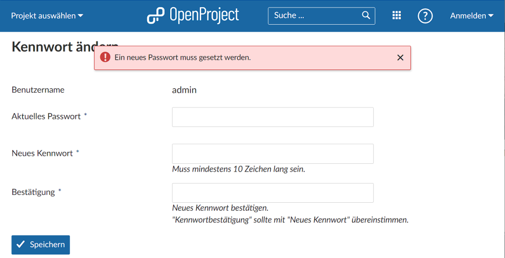 OpenProject - Neues Passwort vergeben