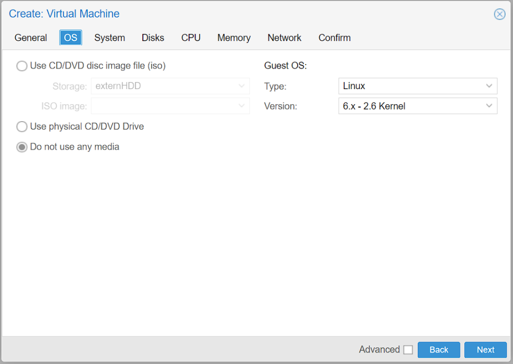 Proxmox bestehende VM-Disk nutzen - Erstelle eine neue virtuelle Maschine ohne Medium