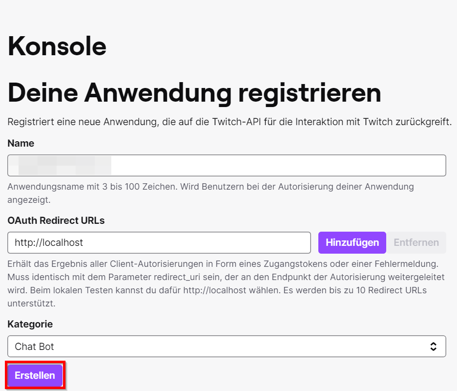 Twitch Anwendung - Anwendung registrieren